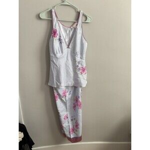 Oscar De La Renta Pink Label Womens 2 Piece Pajama Set Satin Pink Floral Pant L
